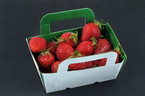 Karton Punnet Von Gariguettes Erdbeeren Nahaufnahme Auf Schwarzem Hintergrund — Stockfoto