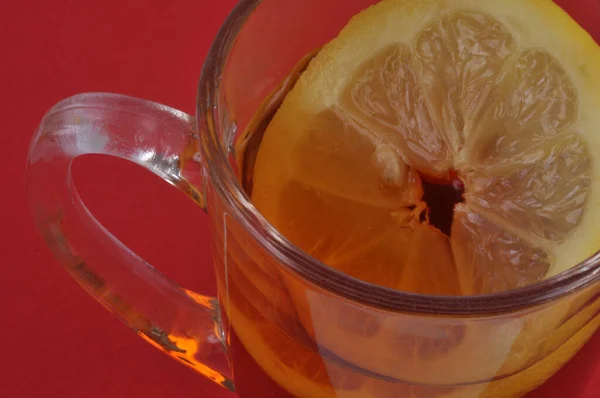 Cup Tea Lemon Close Red Background — Stock Photo, Image