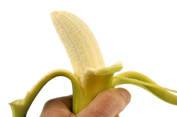 Félig Hámozott Banán Kézben Közel Fehér Háttér — Stock Fotó