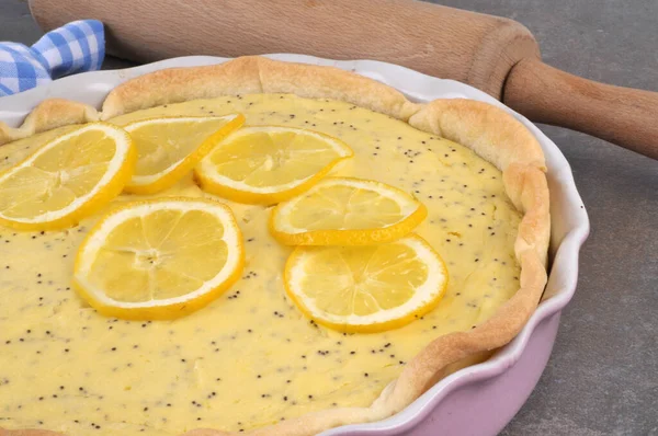 Tarte Citron Vanille Maison Dans Plat Côté Rouleau Pâtisserie Close — Photo