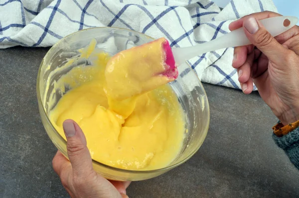 Preparation Custard Bowl Spatula Close — Stock Photo, Image