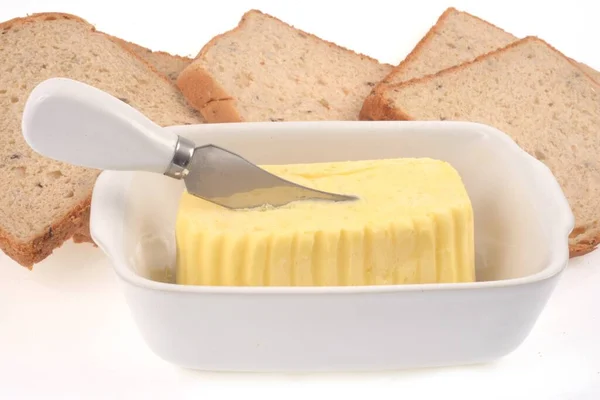 Butter Ramekin Knife Stuck Next Slices Sandwich Bread Close White — Stock Photo, Image