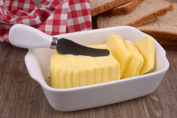 Butter Ramekin Knife Stuck Next Slices Sandwich Bread — Stock Photo, Image