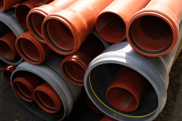 Plastic Pipes Different Sizes Piled Close — Stock Photo, Image