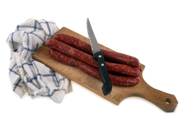 Raw Merguez Wooden Cutting Board Knife Checkered Tea Towel Close — Stock fotografie