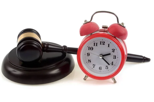 Judge Gavel Its Plinth Next Bell Clock Close White Background Stock Image