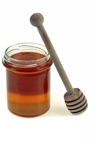 Jar Liquid Honey Honey Spoon Close White Background — Photo