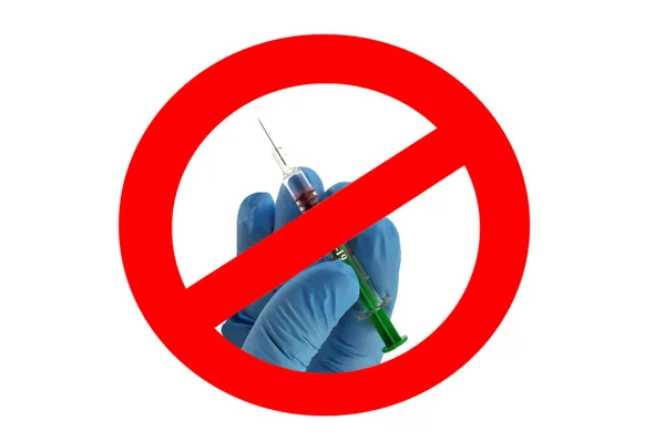 Védőoltás Elleni Koncepció Kesztyűs Kézzel Fecskendőt Tartva Közlekedési Táblában — Stock Fotó
