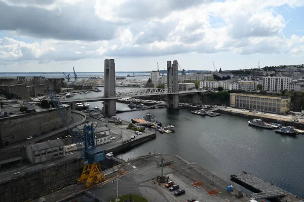 General view of the military port of Brest with the La Recouvrance bridge and a port crane