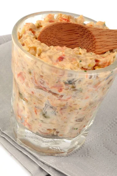 Verrine Mit Chorizo Und Fußpilzen Mit Einem Kochlöffel Auf Einer — Stockfoto