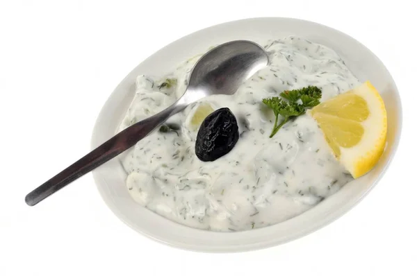 Plate Tzatziki Black Olive Spoon Close White Background — Stock Photo, Image