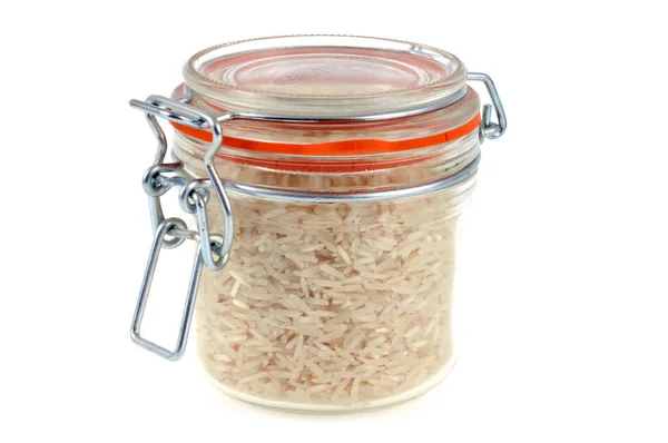 Jar Raw Rice Close White Background — Stock Photo, Image