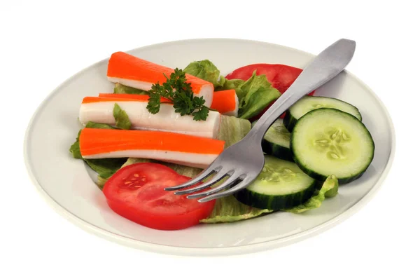 Plate Surimi Tomato Cucumber Fork White Background — Stock Photo, Image