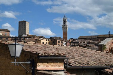 General view of the city of Siena with the Torre del Mangia on a sunny day