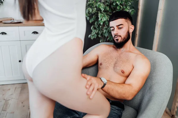 Man Looks Sexy Woman Expects Passionate Sex — Stock Photo, Image