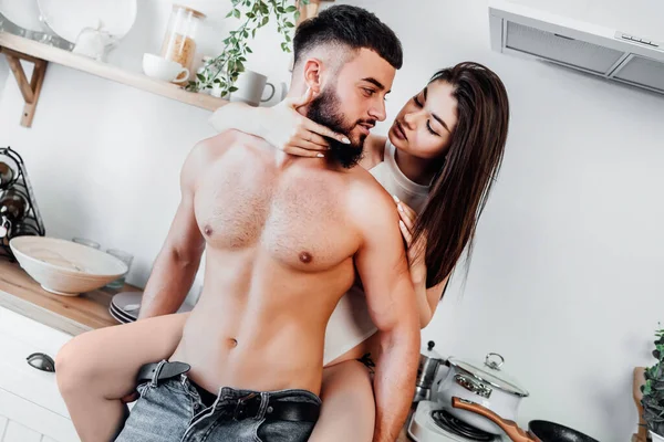Beautiful Girl Man Hugging Kitchen Sex — Stock Photo, Image