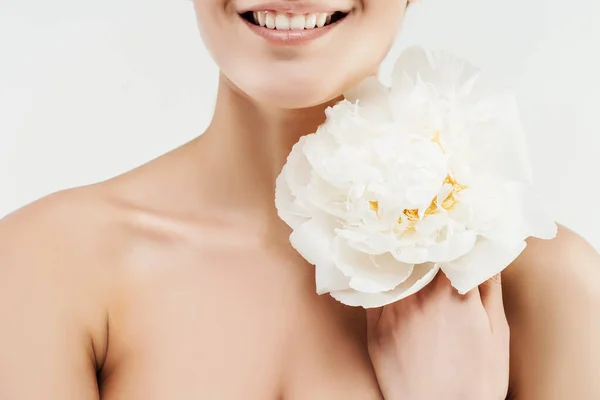 Close Beautiful Smile Girl Holding Fresh White Flower Her Face — Foto Stock