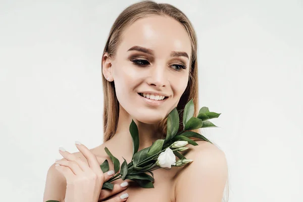 Spa Beauty Health Photo Beautiful Woman Holding Green Twig Her — Fotografia de Stock