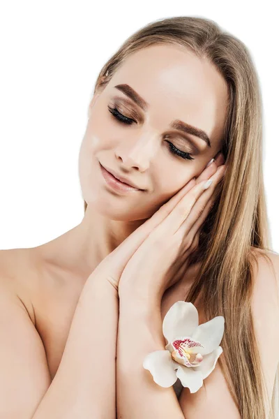 Portrait Young Woman Fresh Radiant Skin Photo White Background Studio — Φωτογραφία Αρχείου