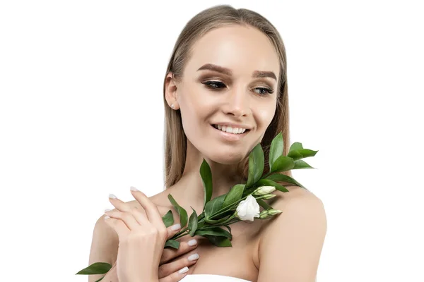 Menina Loira Atraente Fundo Branco Pele Bem Tratada Saudável Frescura — Fotografia de Stock