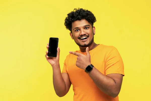 Handsome Confident Indian Smiling Guy Isolated Yellow Background Modern Phone — Stock Photo, Image