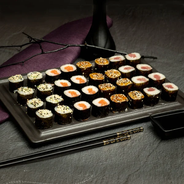 Appetizing Sushi Dark Background — Stok Foto