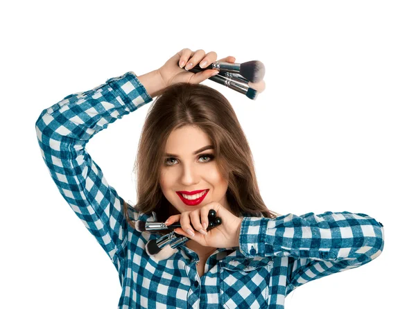 Nice make up artist woman with brushes in hands — Stock Photo, Image