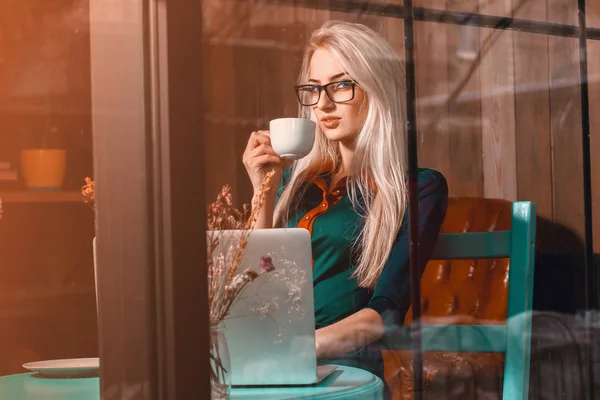 Retrato de la joven mujer rubia bonita sentada en la cafetería con su l — Foto de Stock
