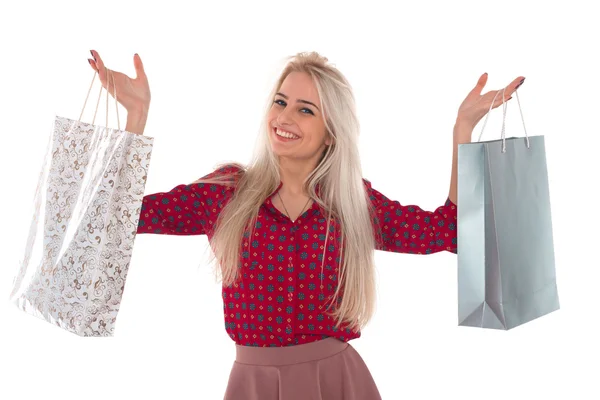 Karcsú lány bevásárló táskák — Stock Fotó