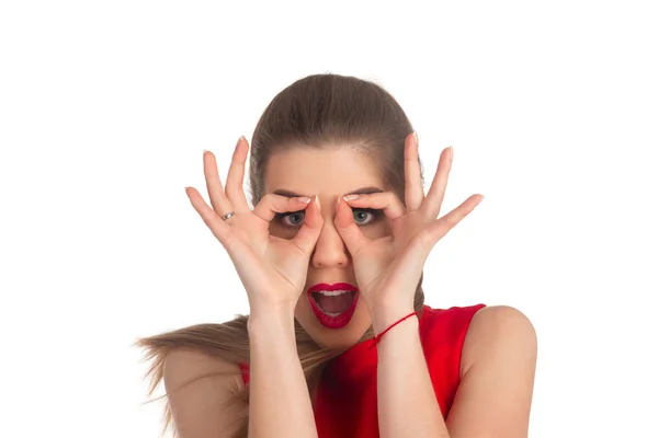 Woman is imitating binocular — Stock Photo, Image