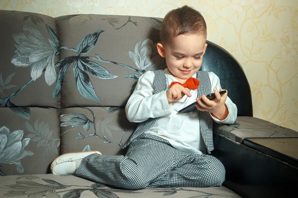 Boy typing touch screen — Stock Photo, Image