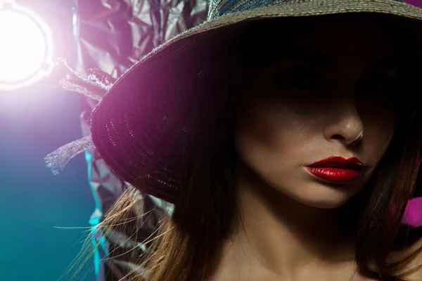 Closeup of young beautiful girl in hat — Stock Photo, Image