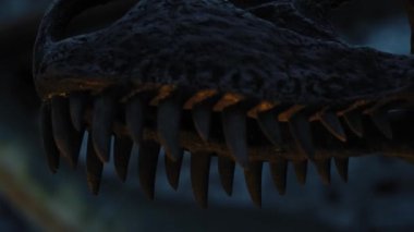 Keskin dişli, nesli tükenmiş yırtıcı bir dinozorun kafatasına yakın.