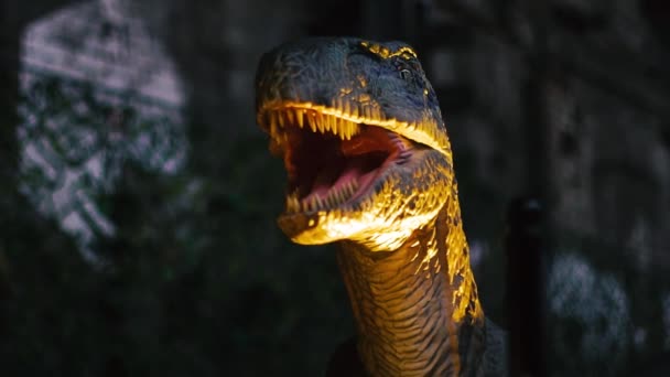 Detailní Záběr Obřího Dravce Velociraptor Dinosaura Ostrými Zuby — Stock video