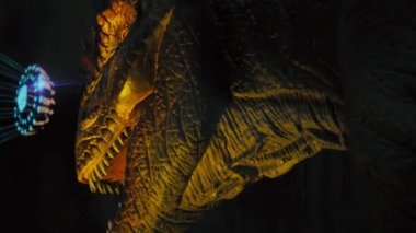 Sivri dişli dev Tyrannosaurus dinozoruna yaklaş.