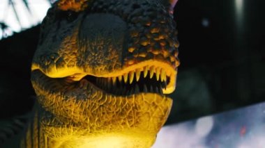 Sivri dişli dev Tyrannosaurus dinozoruna yaklaş.