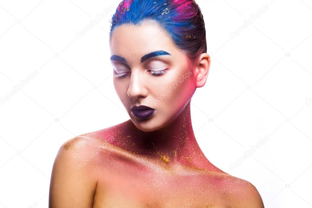 Horizontal photo of beauty woman with multicolor make up isolate