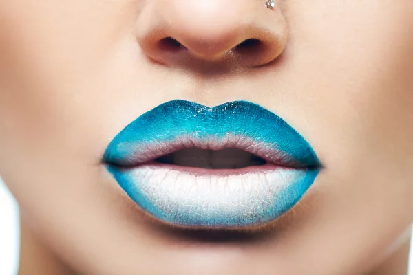 Macro photo of womans lips with lipstick — Stock Photo, Image