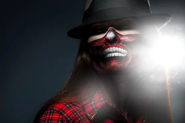 Adult woman with scary face art for halloween night looking at c — Stock Photo, Image