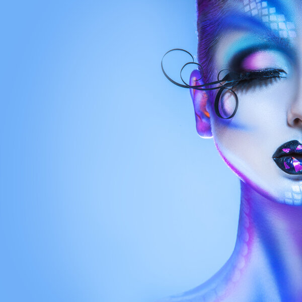 Square half face portrait of gorgeous adult woman with creative 