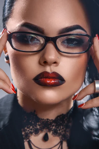 Sensual portrait of young teacher eith make up and glasses — Stockfoto