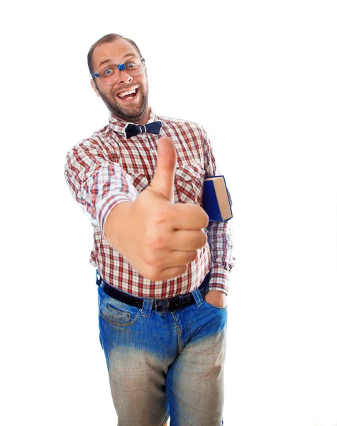 Cooler Kerl Nerd mit einem Buch unter dem Arm, das Geste zeigt - Klasse — Stockfoto