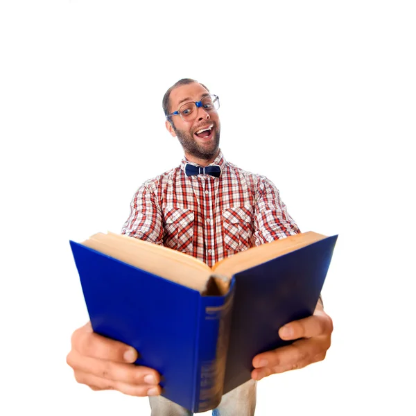 Funny nerd reading an interesting book — Stockfoto