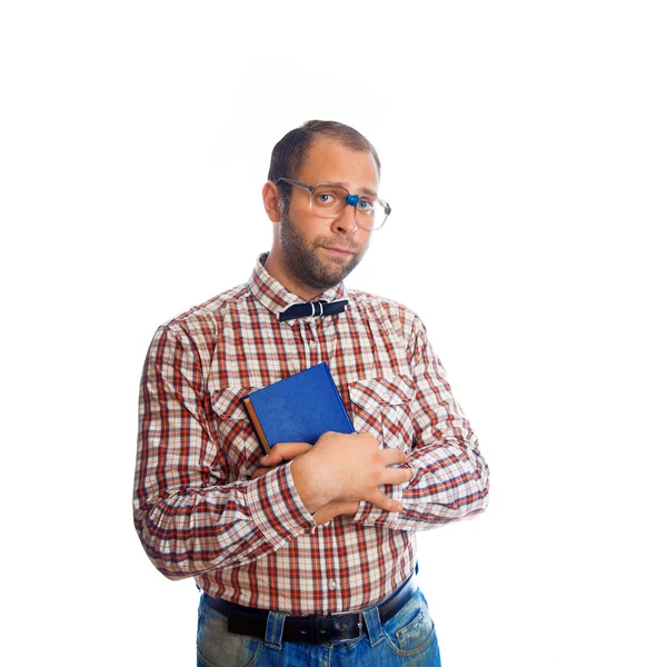 Sad geek guy with book looking at camera — Stock Photo, Image