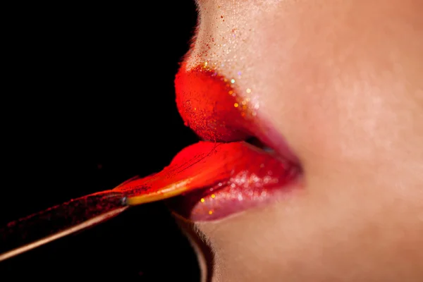 Macro photo of Girl applies lipstick with brush in studio — Stockfoto