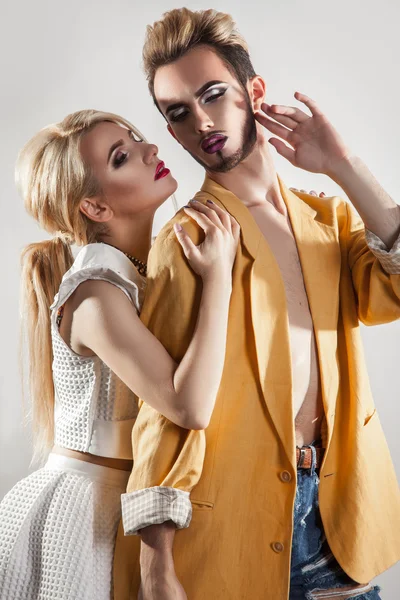 Stylish couple in love. Both with makeup. Vertical photo — Stock Photo, Image