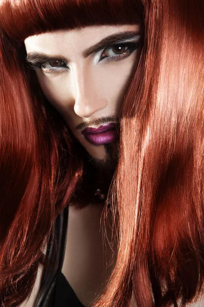 Vertical portrait of beautiful redhair man with magenta makeup — Stock Photo, Image
