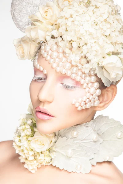 Vertical portrait of nice young woman with tender makeup and cre — Stock Photo, Image