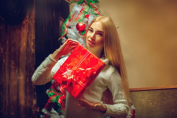 Ziemlich zufriedenes Mädchen mit Weihnachtsgeschenk — Stockfoto