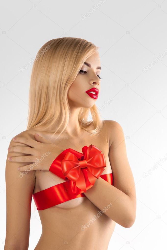 sensual bonde woman-gift win red ribbons on body and professiona